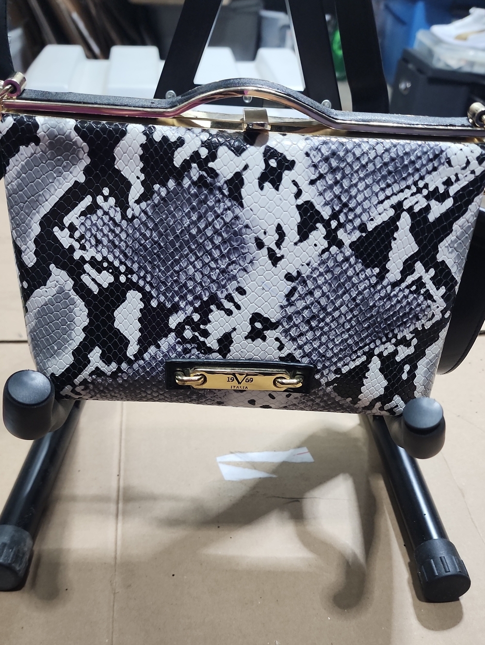 Versace Black & White 1969 ITALIA Snake-Print Frame Wristlet with Gold Hardware